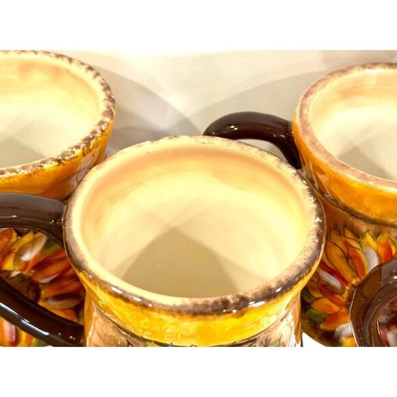 Set of 6 Vintage Clay Art Sunflower Ceramic Mugs HandPainted, Rustic Style - Picture 8 of 10